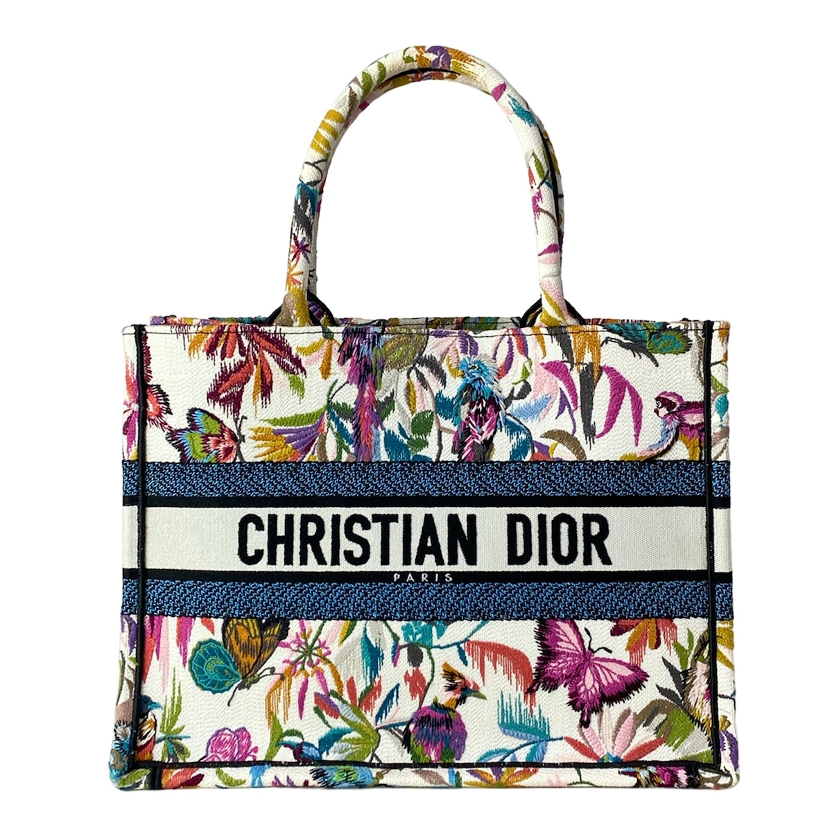 【中古】DIOR/ChristianDior(ディオール/クリスチャンディオール) ブックトートミディアムバッグ/旧スモール トートバッグ 花柄/バタフライ(蝶)/鳥 白×ブルー×マルチ