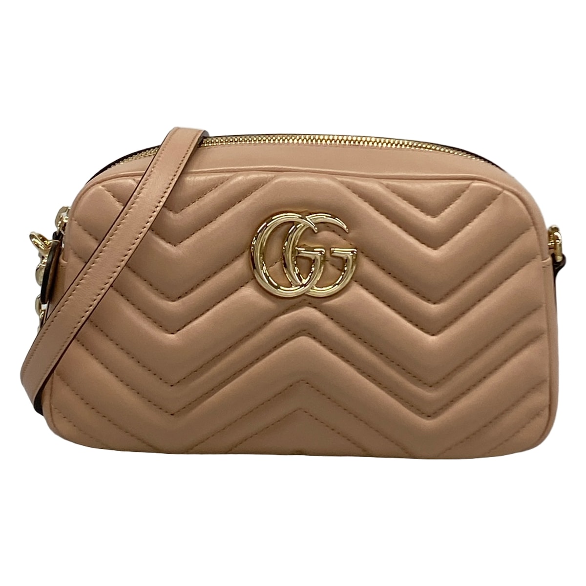 【中古】GUCCI(グッチ) GGマーモント スモール 写真機御徒面子 ショルダーバッグ チェーン店肩部 サクラ色ベージュ なめし革