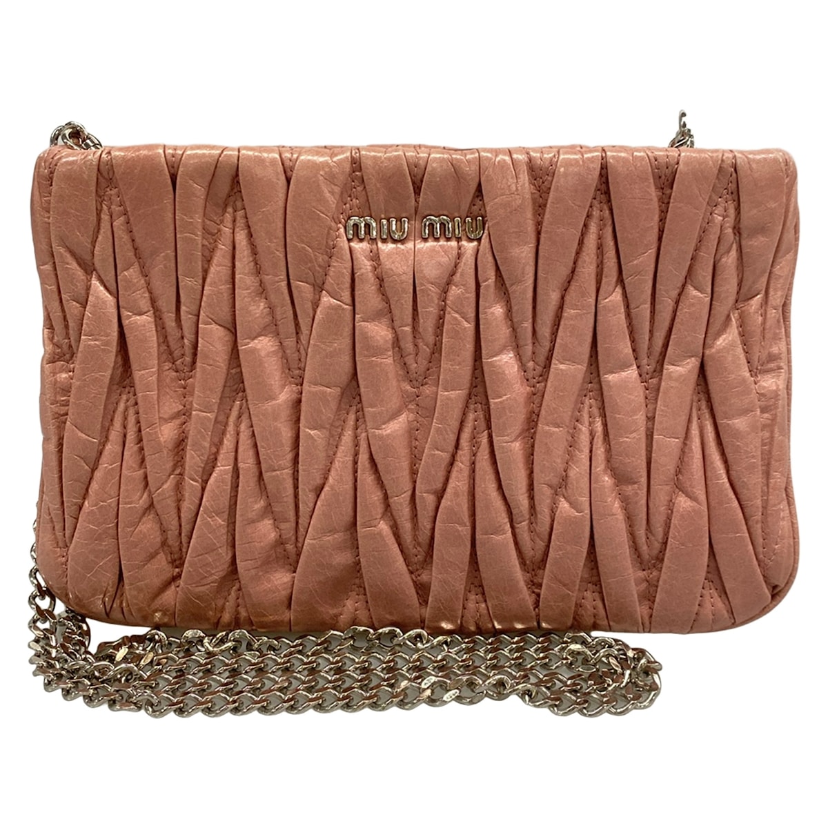 【中古】miumiu(ミュウミュウ) マテラッセ ショルダーバッグ チェーン店肩先/ミニ御徒面子 サクラ色ベージュ なめし革
