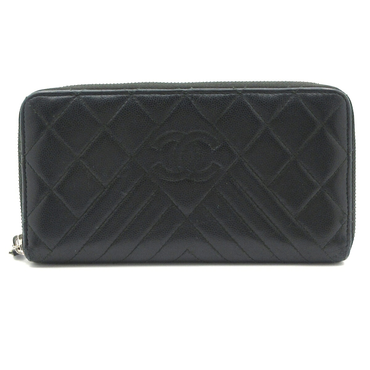 【中古】CHANEL(シャネル) マトラッセ,V編み目(シェブロン) 長紙入れ ラウンドジッパー/しろがね色金具 黒