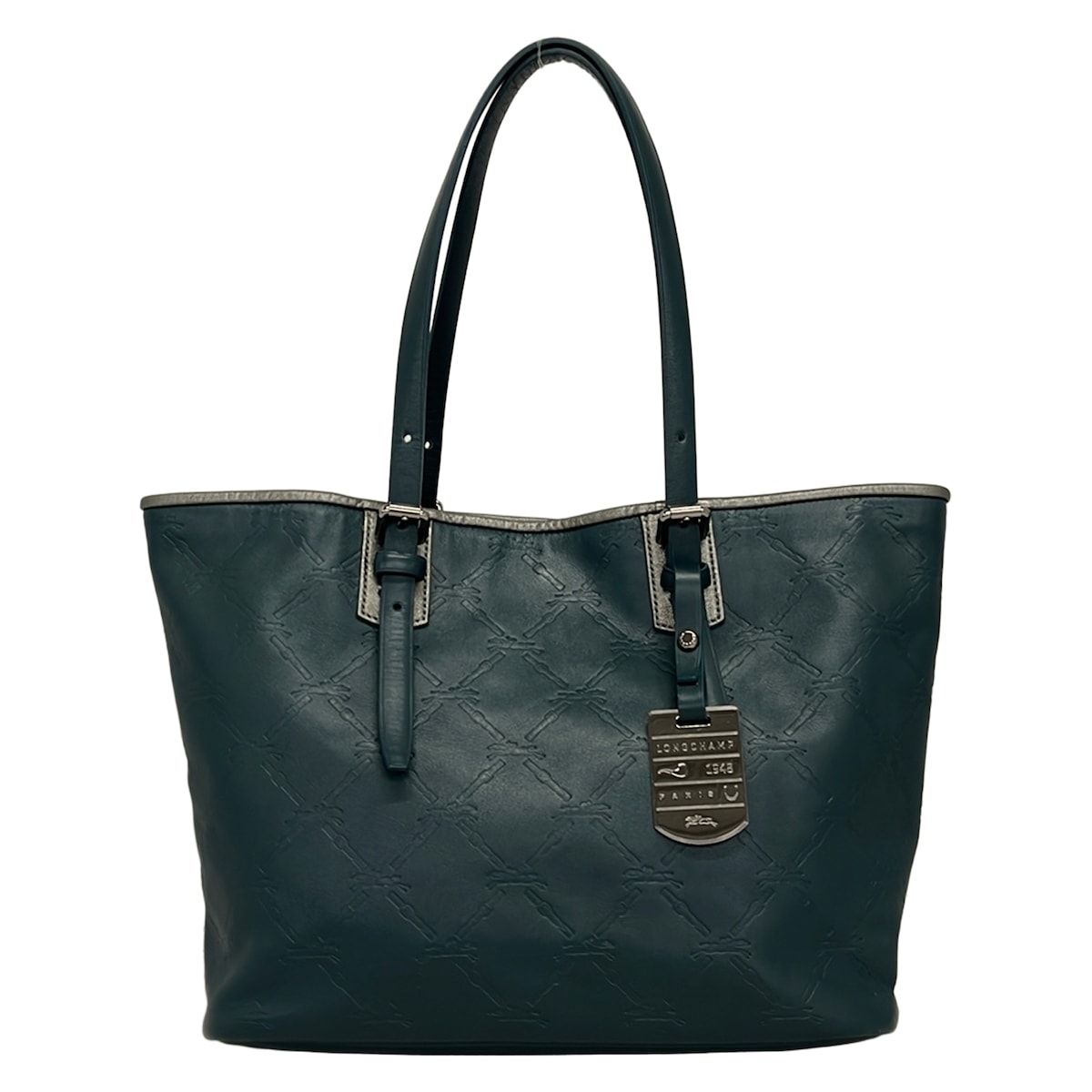 【新着】【中古】LONGCHAMP(ロンシャン) トートバッグ 手がかり引っかかり付き添い人/型押し製作 うす暗い緑であること×しろがね色 なめし革