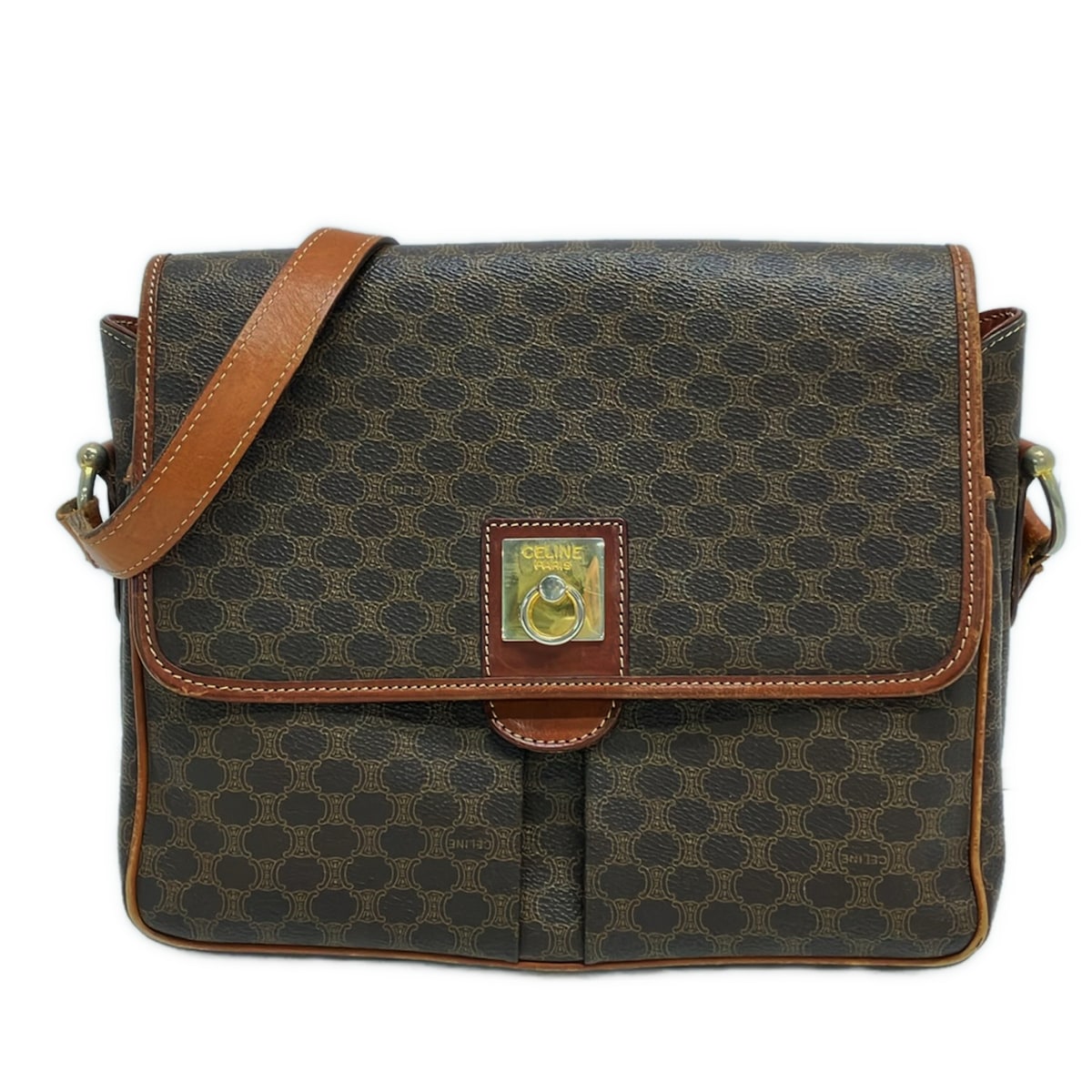 【中古】CELINE(セリーヌ) マカダム柄 ショルダーバッグ うす暗い赤銅色 なめし革