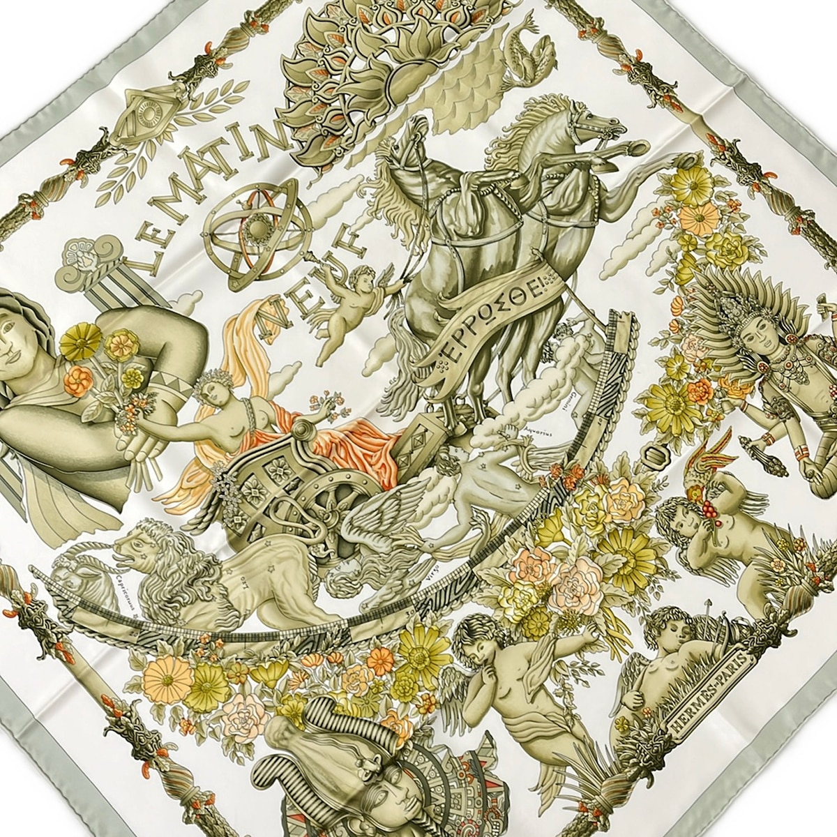 【中古】HERMES(エルメス) カレ90 えり巻き LE MATIN NEUF（目あたらしい朝） 白×ベージュ×マルチ
