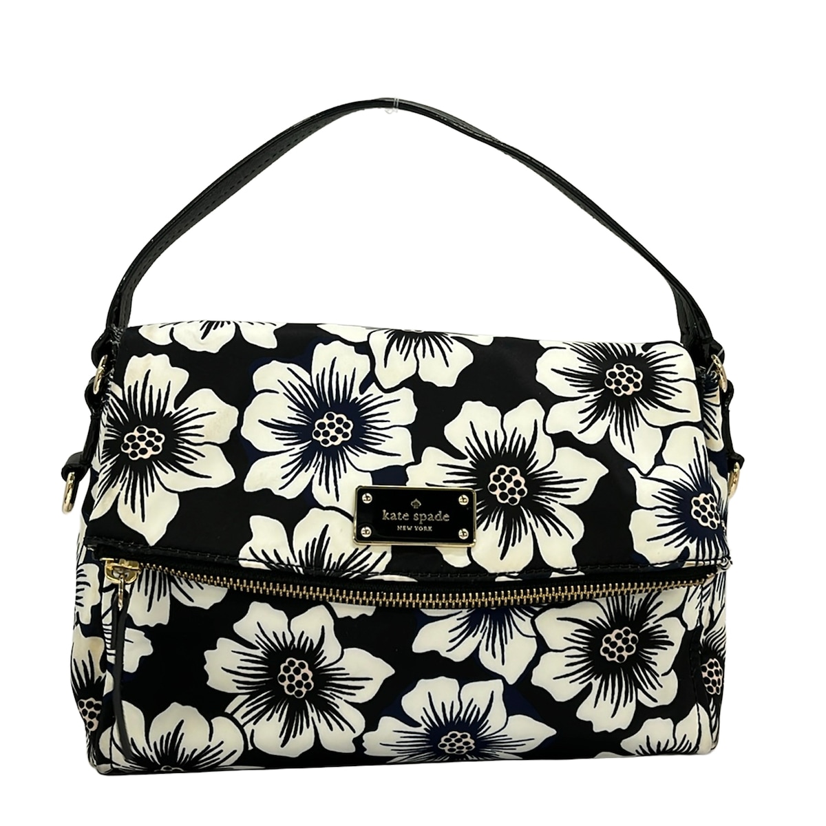 【中古】Kate spade(ケイトスペード) ハンドバック 花柄 黒×白×マルチ なめし革
