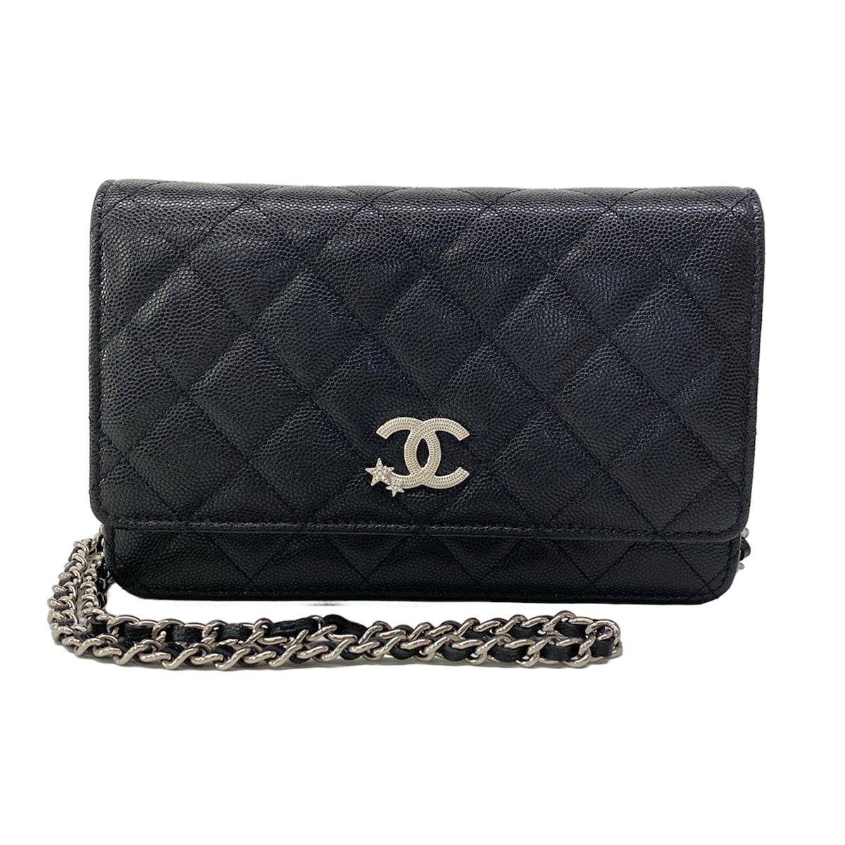 【中古】CHANEL(シャネル) マトラッセ 金入れ チェーンウォレット/メタルシリアルプレート/しろがね色金具/ココマーク/はやりっ児(星)/伝達ルート石ころ/24C 黒