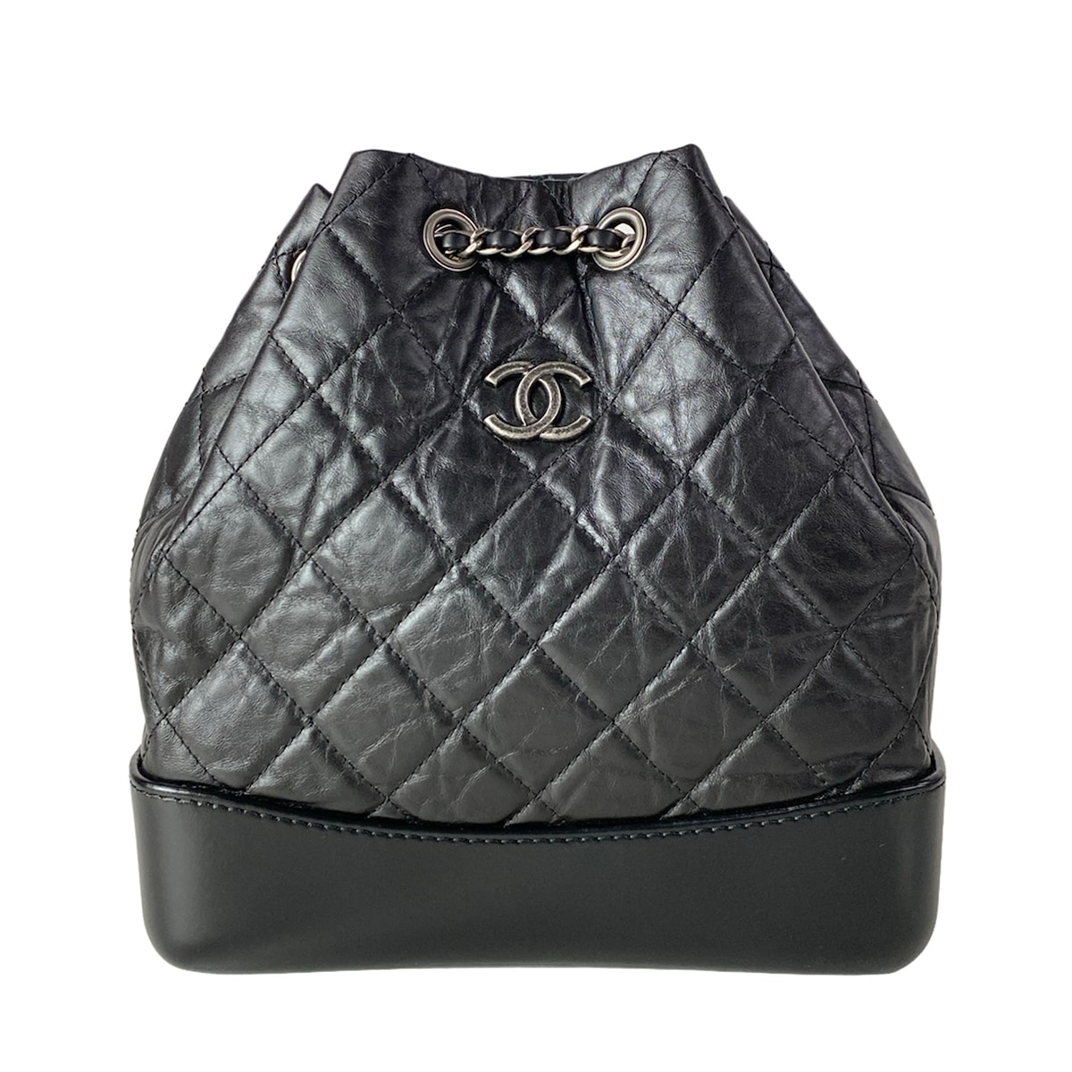 【中古】CHANEL(シャネル) ガブリエルドゥシャネル 背嚢 合切袋型/チェーン店肩肉/4色つや金具/しろがね色金具×ゴールド金具 黒