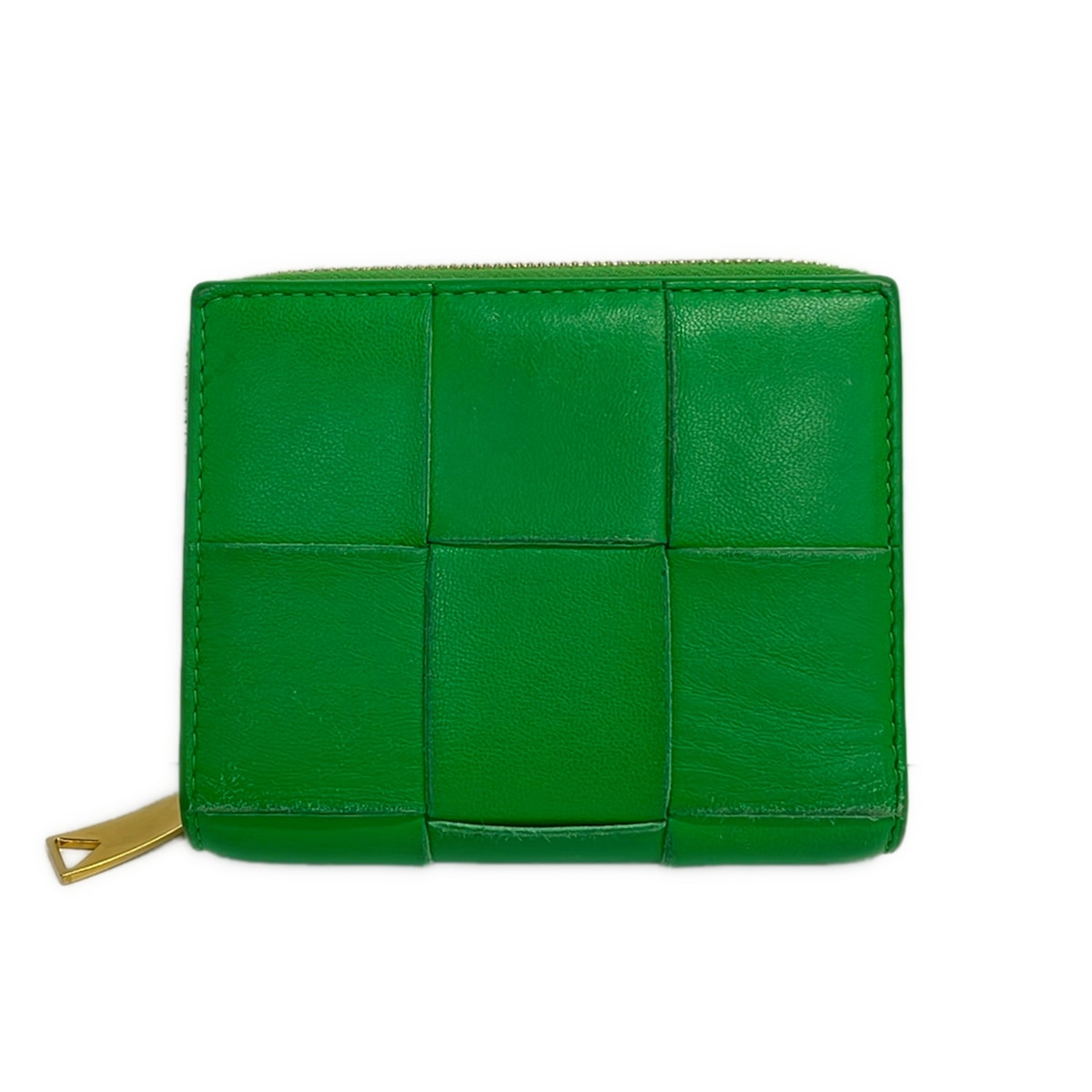 【中古】BOTTEGA VENETA(ボッテガヴェネタ) テープ ジップアラウンドウォレット 2つ折り銭入れ ラウンドチャック 緑であること なめし革