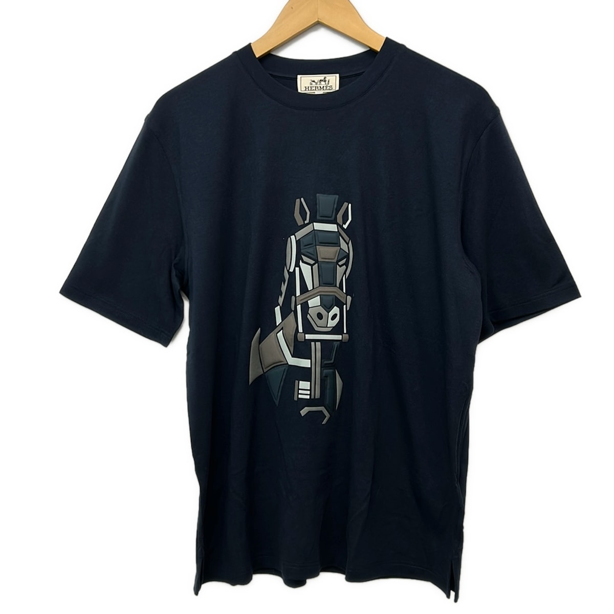 【中古】HERMES(エルメス) 半袖プルオーバー 労働者の一団のど首/カシミール混/メガシャリオ 3D/馬 ダークネイビー×うす暗い赤銅色×マルチ