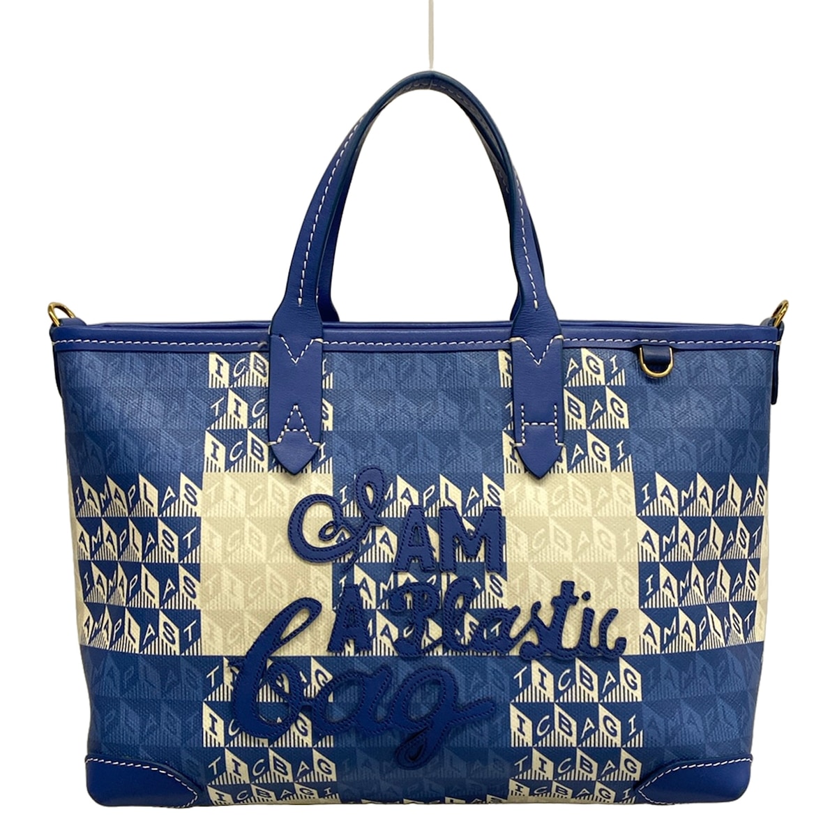 【中古】Anya Hindmarch(アニヤハインドマーチ) I AM A Plastic Bag ハンドバック ミニ御徒面子 青色×象牙色 なめし革