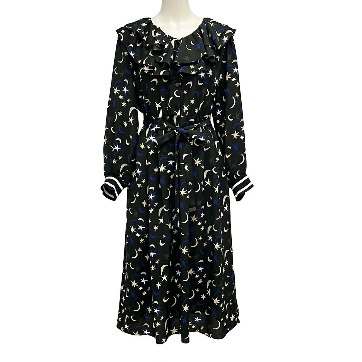 【中古】Grace Class(グレース社会階級) 衣装 長袖/マキシ丈/はやりっ子(星)/月/シャツワンピ 黒×ベージュ×マルチ