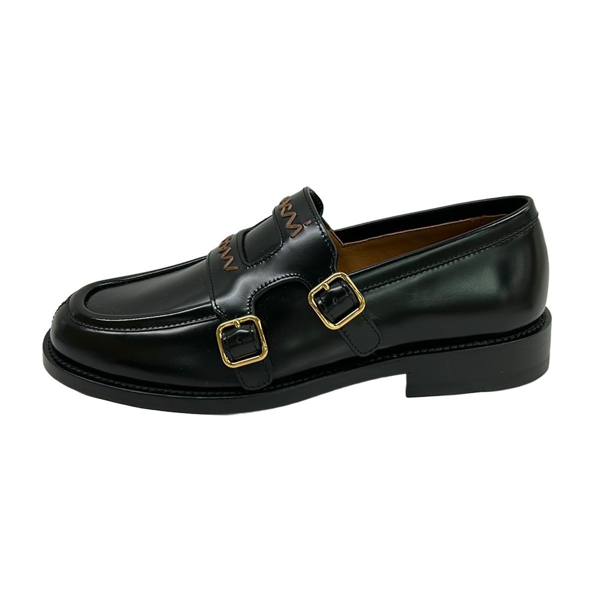 【中古】MARNI(マルニ) 置き目毛革 ダブルモンクストラップ/刺しゅう 黒 なめし革