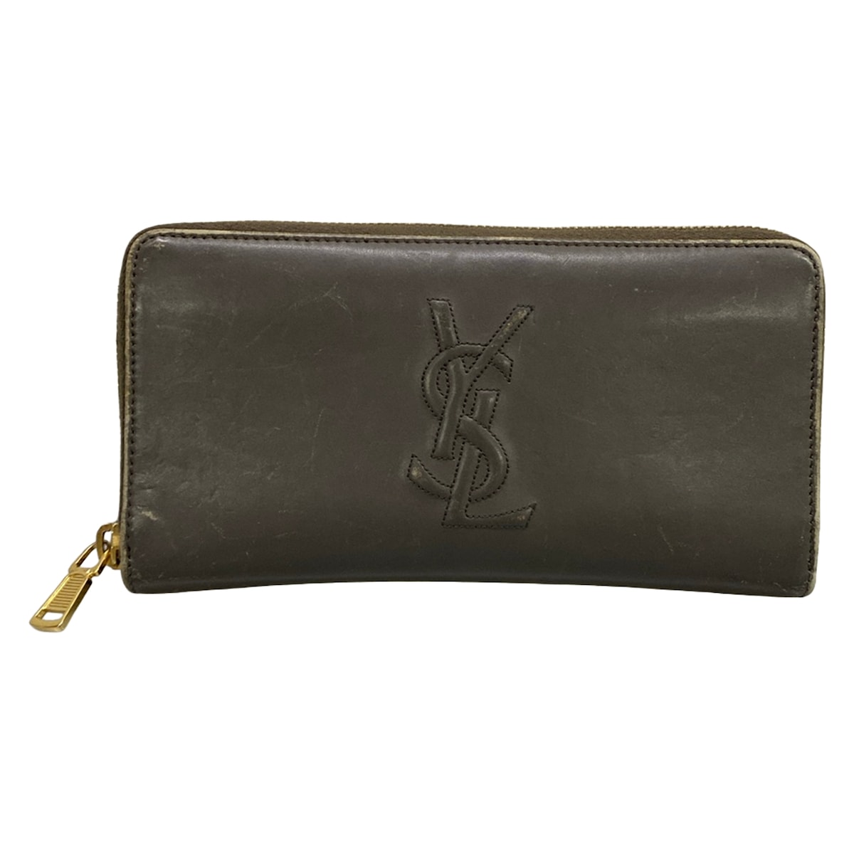 【中古】YvesSaintLaurent rivegauche (YSL)(イヴサンローランリヴゴーシュ) 長札入れ ラウンドジッパー まっ黒い薄墨色 なめし革 財布・ケース-バッグ・小物・ブランド雑貨-レディース財布
