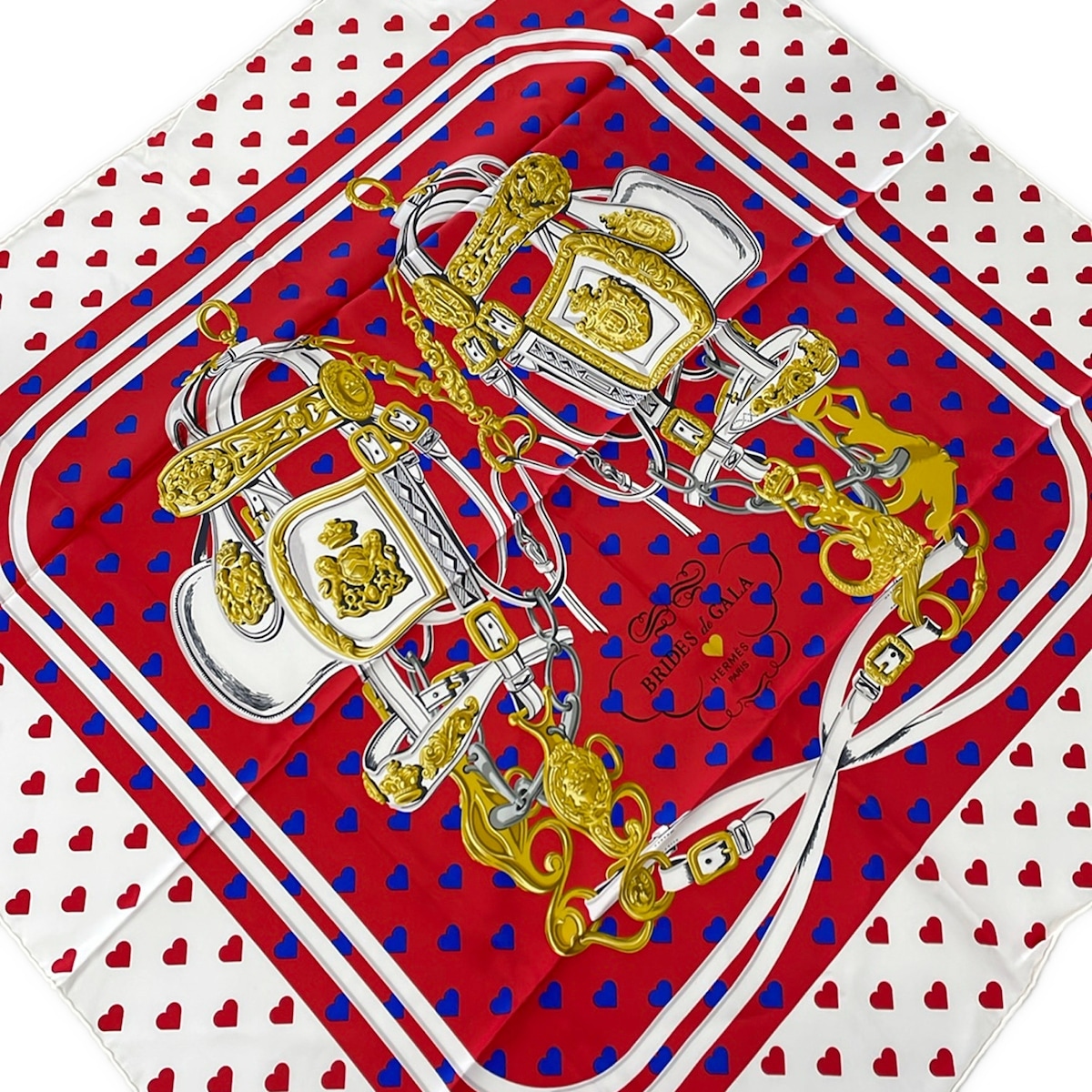【新着】【中古】HERMES(エルメス) カレ90 えり巻き BRIDES de GALA/ハート型 白×赤いこと×マルチ