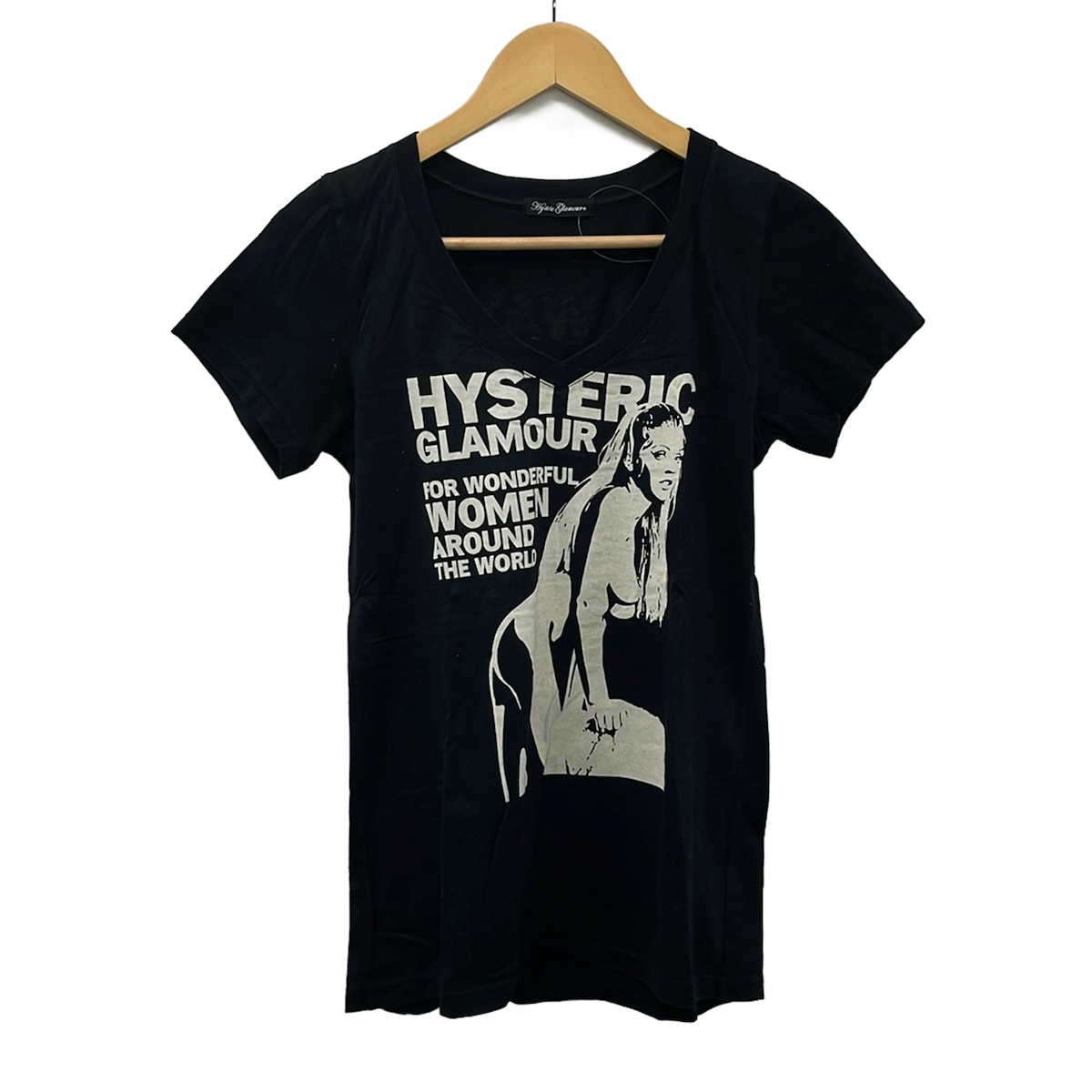 【新着】【中古】HYSTERIC GLAMOUR(ヒステリックグラマー) 半袖カットソー Vのど首 黒×白