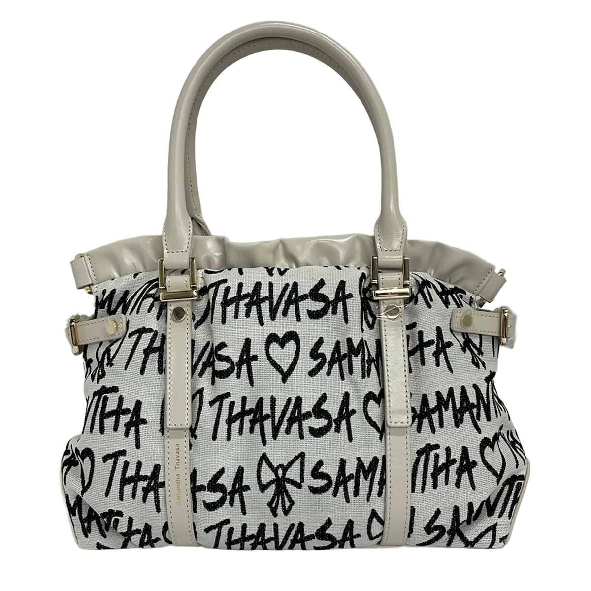 【新着】【中古】Samantha Thavasa(サマンサタバサ) スクリッタ柄 サマンサ ルプリュ・ミニョン トートバッグ トートバッグ 白×黒×象牙色 なめし革