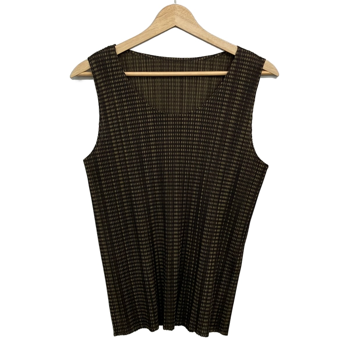 【中古】PLEATS PLEASE(筋目プリーズ) ノースリーブカットソー 筋目/読み合わせる柄 うす暗い赤銅色×カーキ