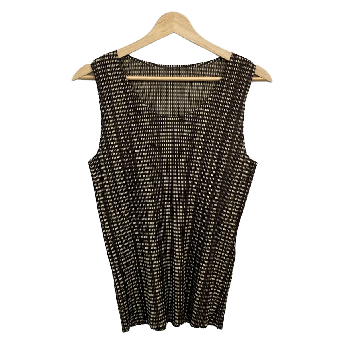 【中古】PLEATS PLEASE(筋目プリーズ) ノースリーブカットソー 筋目/読み合わせる柄 うす暗い赤銅色×ベージュ