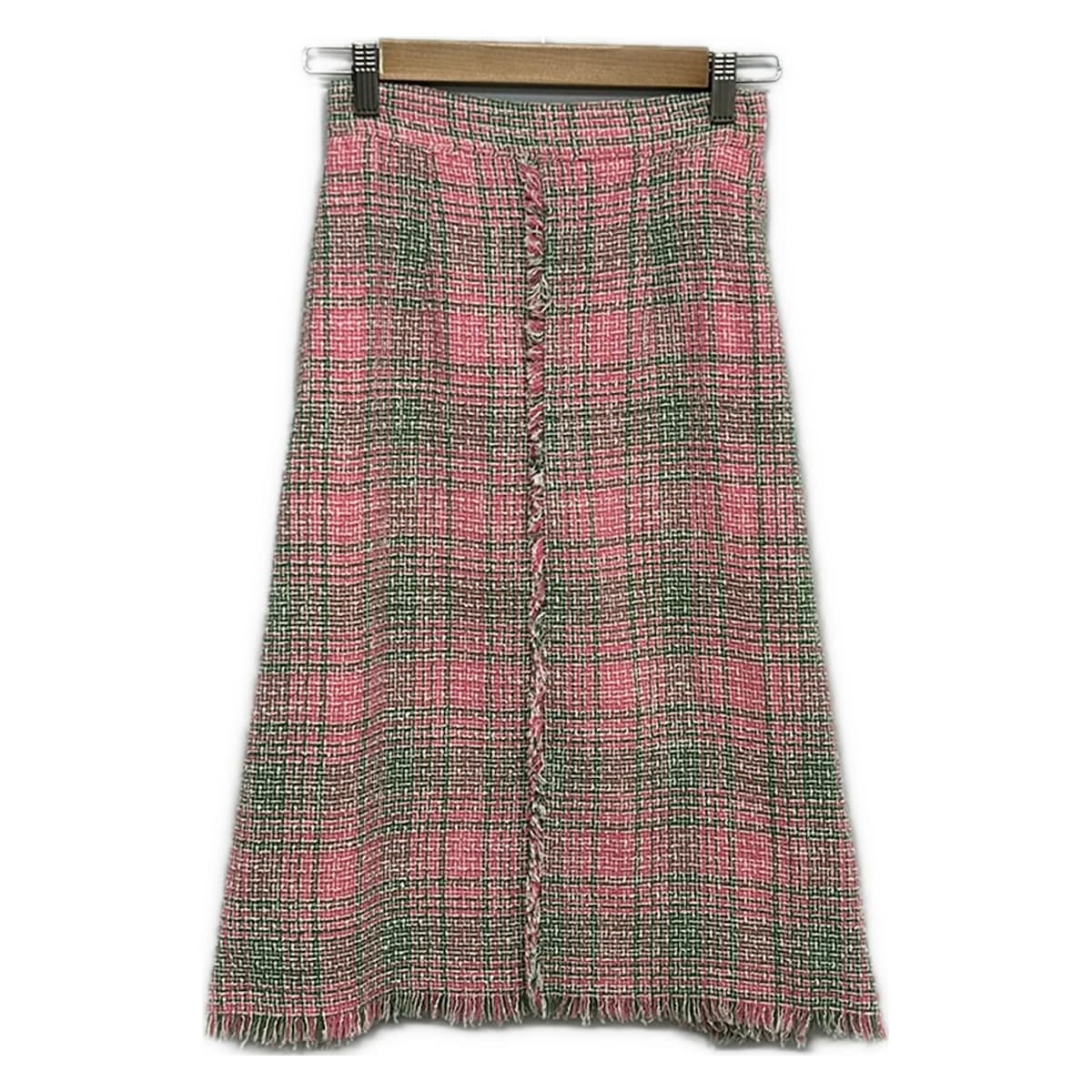 【中古】SEVEN TEN by MIHO KAWAHITO(七つ十 バイミホカワヒト) ロングスコート ツィード/照合のしるし柄 サクラ色×緑であること×白