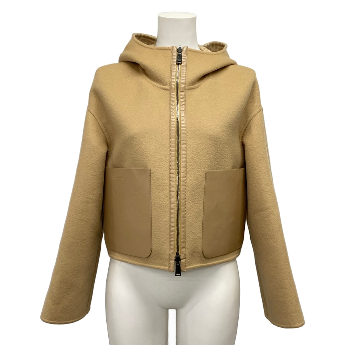 【中古】FENDI(フェンディ) 厚地の外套 長袖/遊撃手丈/ジップアップ/リヴァーシブル/ズッカ柄/なめし革衣嚢/秋/冬 ベージュ 羊毛、地絹