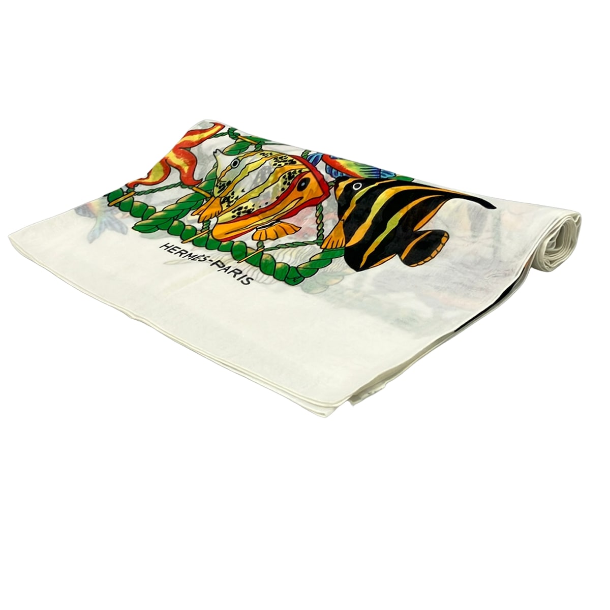 【中古】HERMES(エルメス) 袈裟(膝掛け) パレオ/魚 白×オレンジ色×マルチ 綿織物
