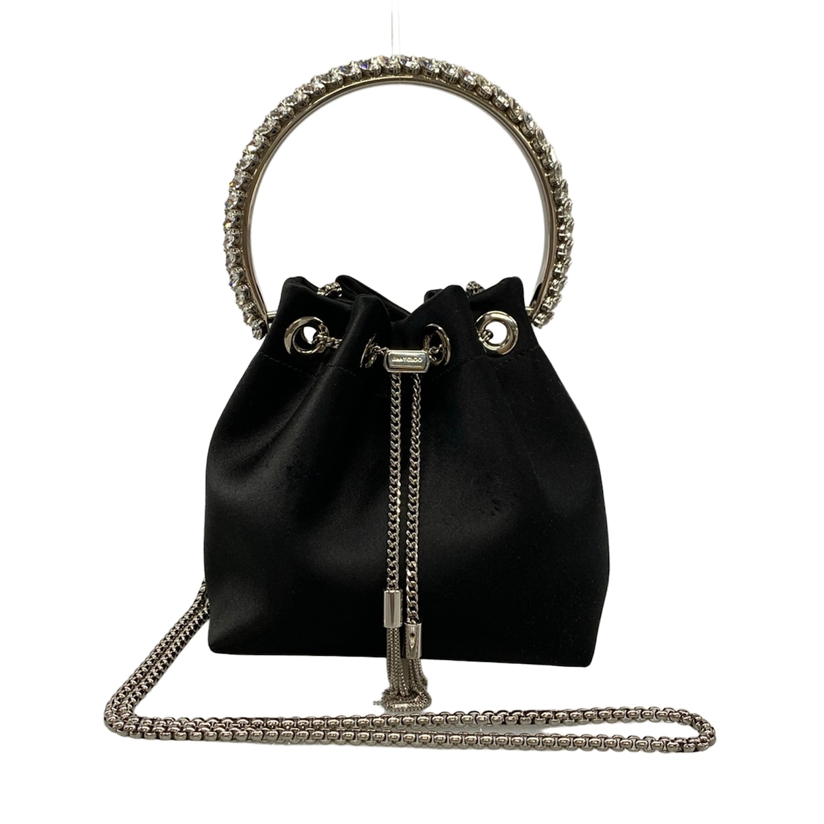 【中古】JIMMY CHOO(ジミーチュウ) ボン ボン ショルダーバッグ クリスタルブレスレットハンドル/2way/合切袋型/ホログラム消印あり 黒