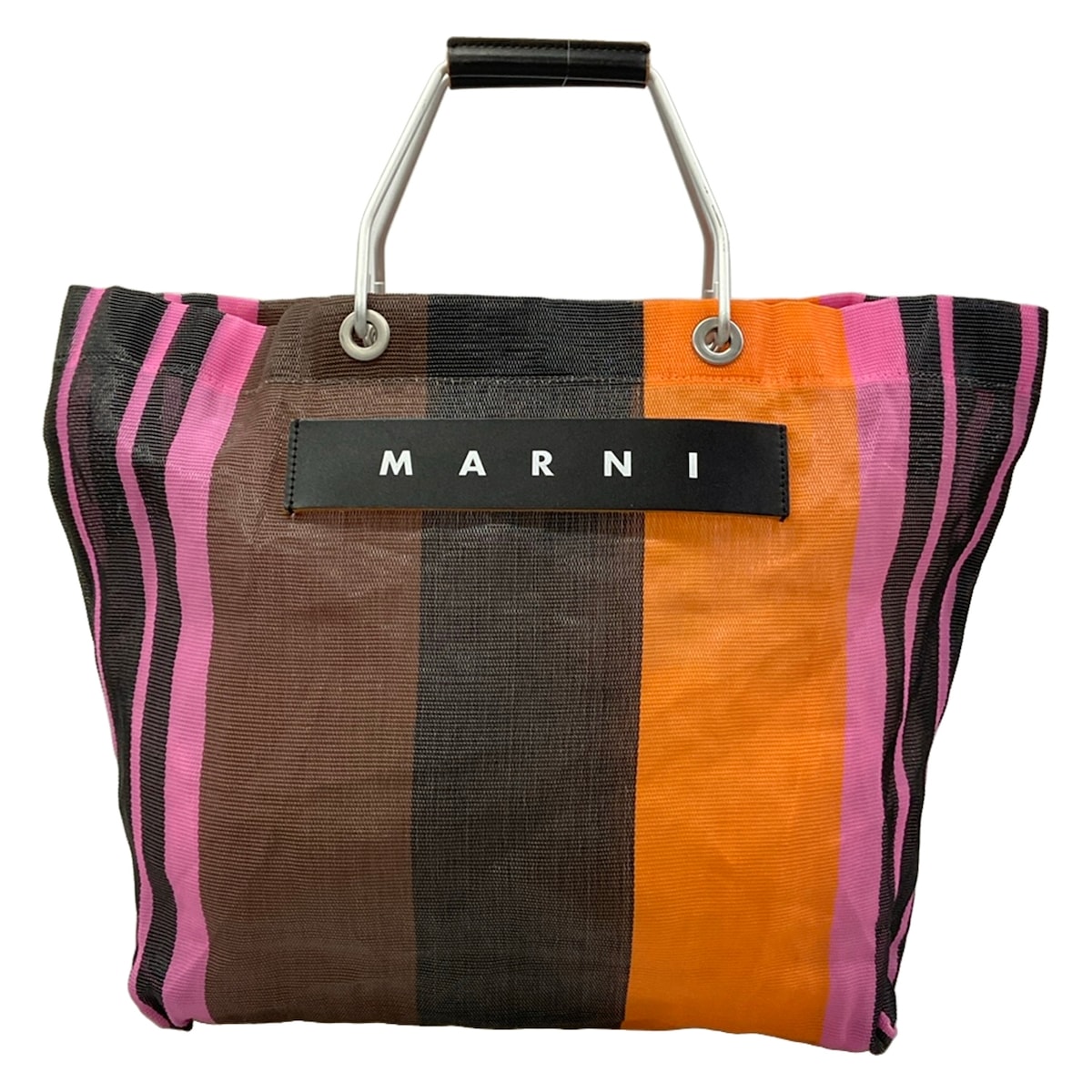 【新着】【中古】MARNI(マルニ) マルニ証券業界 縞模様 御徒面子 トートバッグ 縞模様 黒×オレンジ色×マルチ なめし革