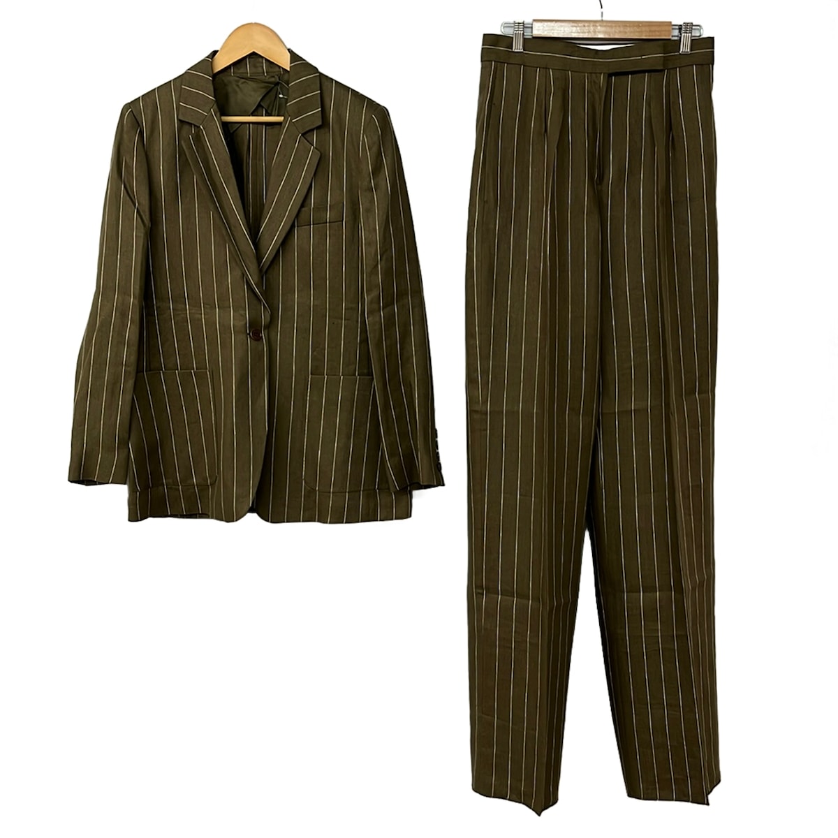 【中古】Max Mara(マックスマーラ) レディースパンツスーツ 麻/縞模様 カーキ×白
