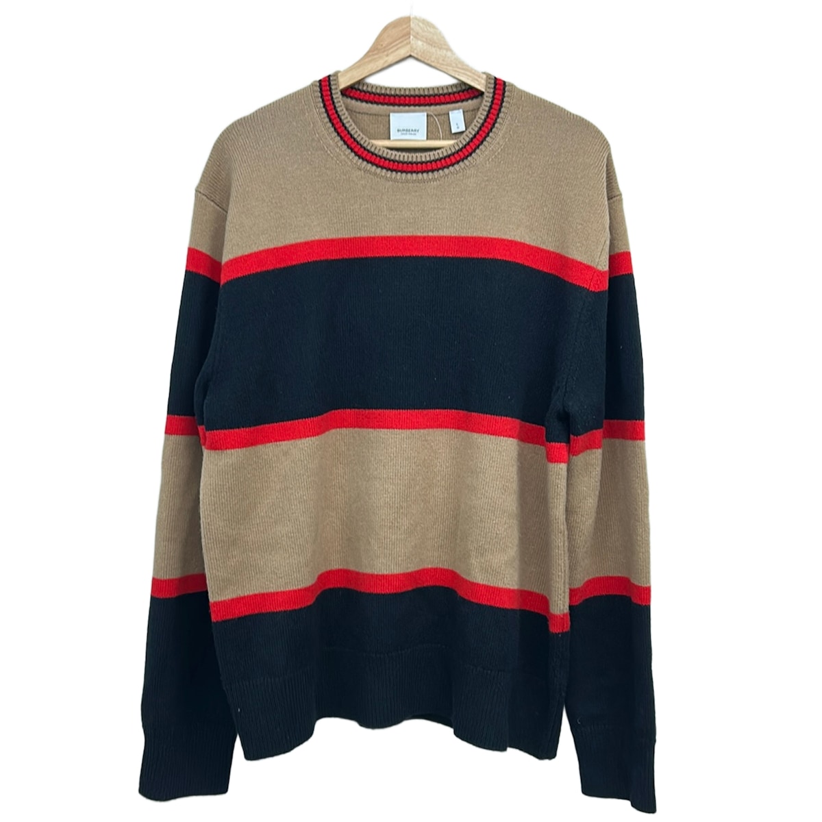 【中古】BURBERRY LONDON ENGLAND(バーバリーロンドンイングランド) 長袖スウェーター 労働者の一団のど首/間借り人 赤銅色×黒×赤いこと