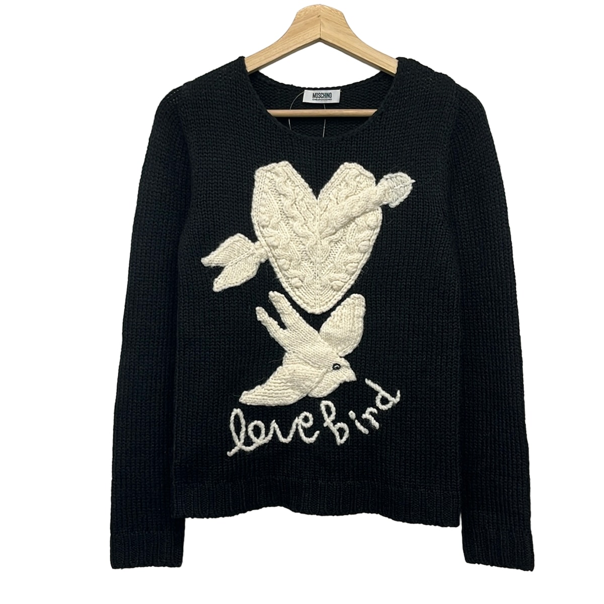 【中古】MOSCHINO CHEAP\u0026CHIC(モスキーノ 安上がり\u0026今めかしい) 長袖スウェーター 労働者の一団のど首/ハート型/鳥 黒×象牙色