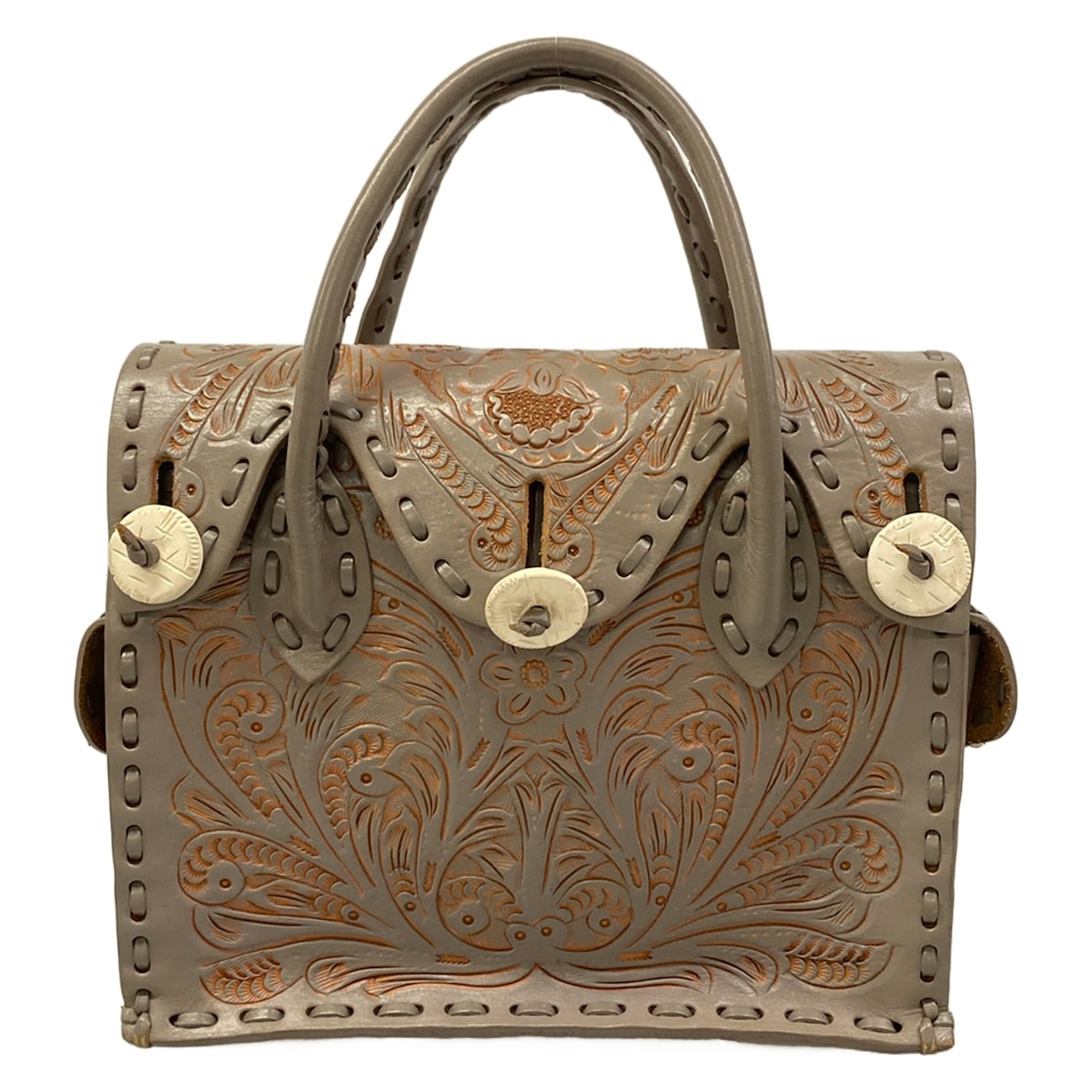 【中古】Carving Tribes(カービングトライブス) ハンドバック 型押し産業/編み込み 薄墨色×ベージュ なめし革