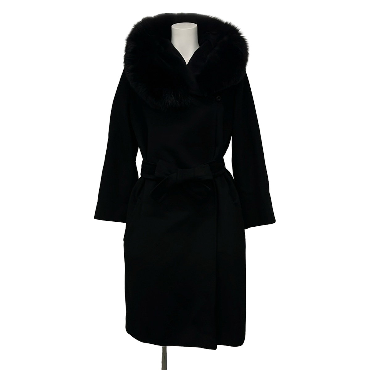 【中古】Max Mara STUDIO(マックスマーラスタジオ) 厚地の外套 長袖/羊毛/三尺帯付き添い人/毛革着脱可/冬 黒