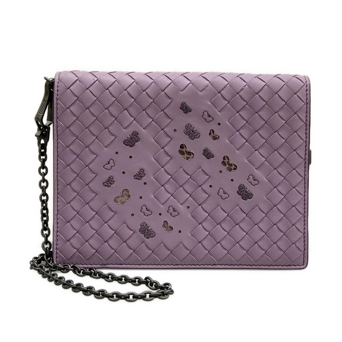 【中古】BOTTEGA VENETA(ボッテガヴェネタ) イントレチャート 紙入れ チェーンウォレット/夢見鳥(蝶) ライトパープル なめし革