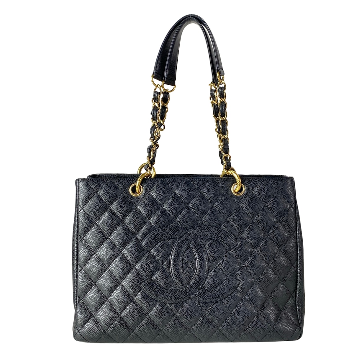 【中古】CHANEL(シャネル) 刷り直すチェーントート/GST トートバッグ ゴールド金具/ココマーク 黒×ゴールド