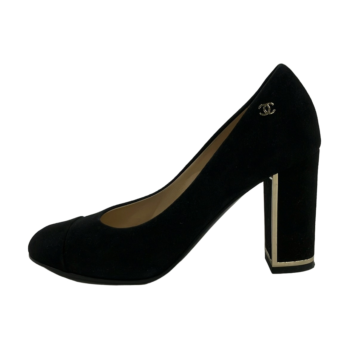 【新着】【中古】CHANEL(シャネル) パンプス チャンキーヒール 黒×ゴールド
