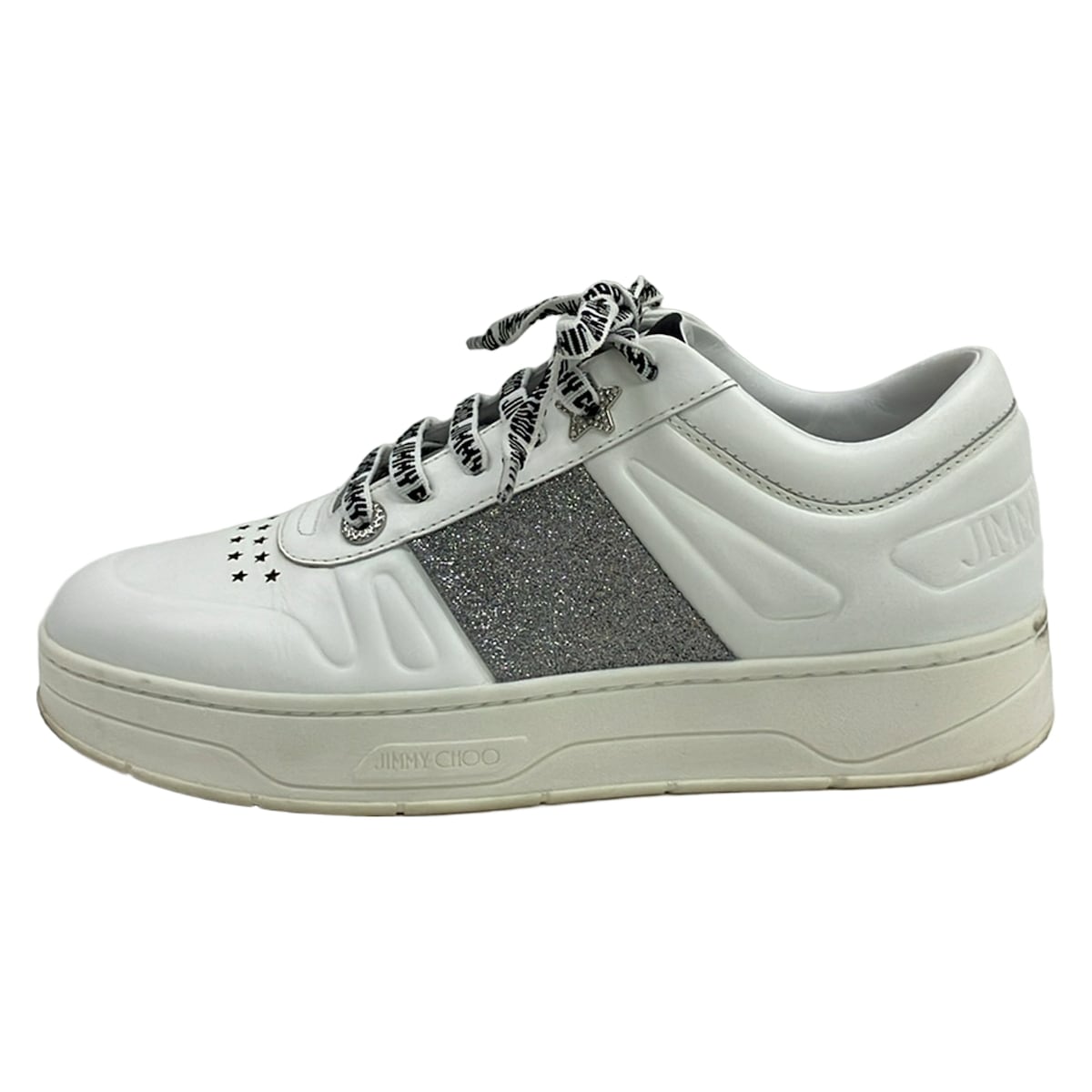 【新着】【中古】JIMMY CHOO(ジミーチュウ) スニーカー グリッター/はやりっ児(星)/インソール取りはらい可 白×しろがね色 なめし革