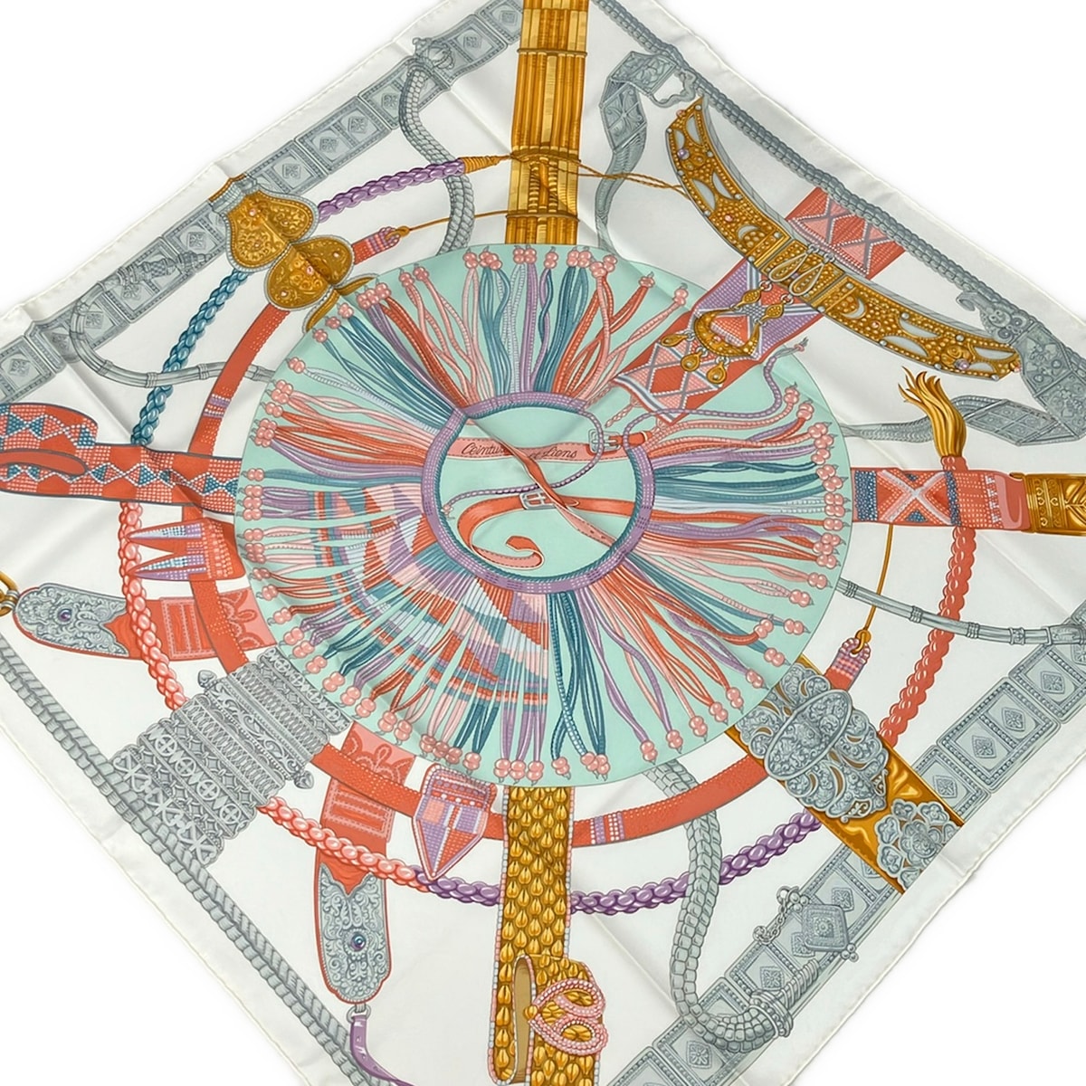 【新着】【中古】HERMES(エルメス) カレ90 えり巻き Ceintures et Liens 白×ライトグリーン×マルチ