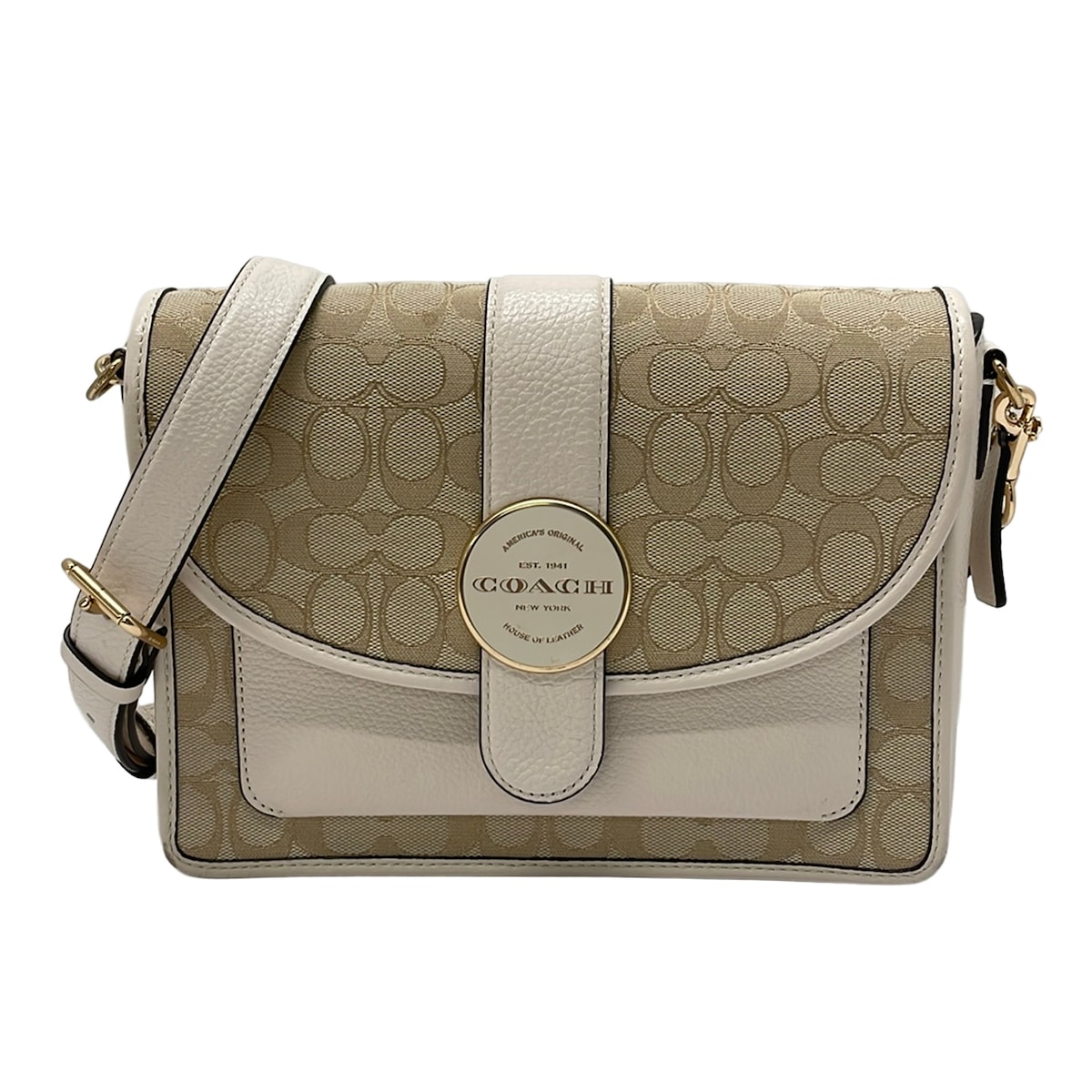【中古】COACH(コーチ職) ロニー 差し交わす上半身 書き判 ジャカード ショルダーバッグ カーキ×象牙色 なめし革