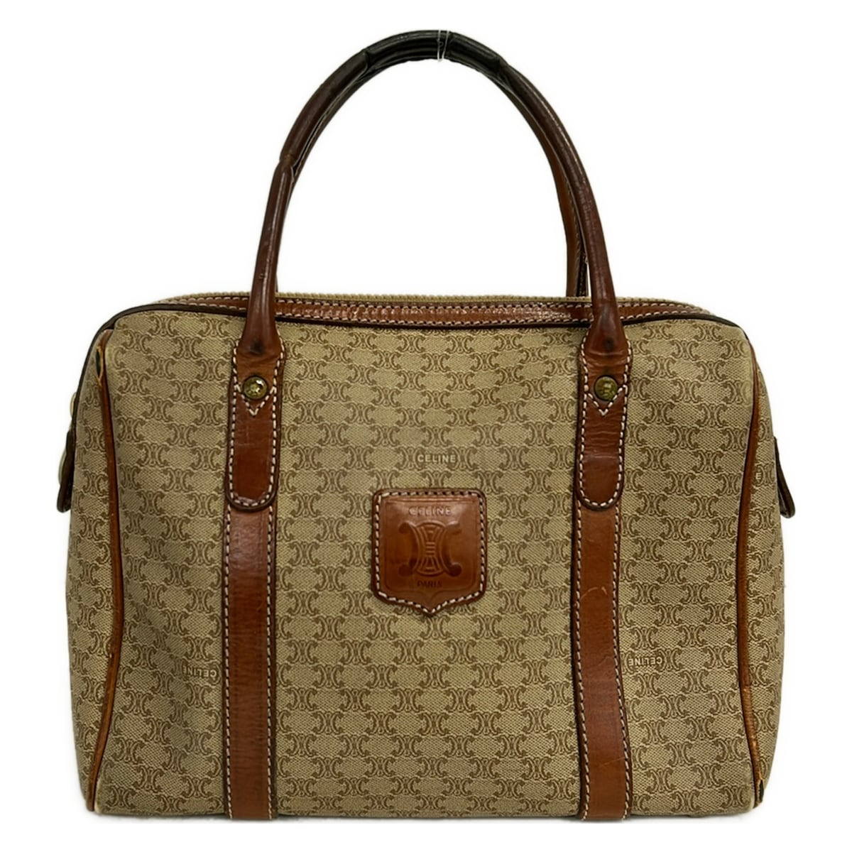 【中古】CELINE(セリーヌ) マカダム柄 ハンドバック ミニ豆の町 ベージュ×赤銅色 なめし革