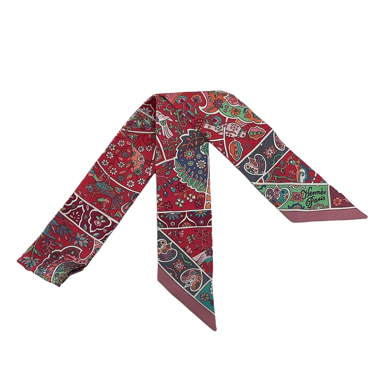 【中古】HERMES(エルメス) ツイロバート・エドワード・リー えり巻き シュロの葉えり巻き/金 Pays des Oiseaux Fleurs 赤いこと×マルチ