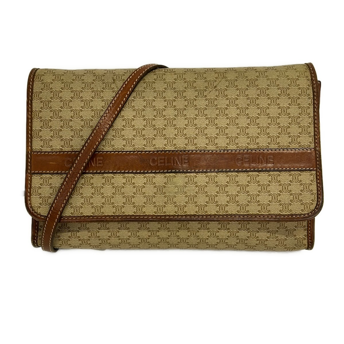 【中古】CELINE(セリーヌ) マカダム柄 ショルダーバッグ ベージュ×赤銅色 なめし革