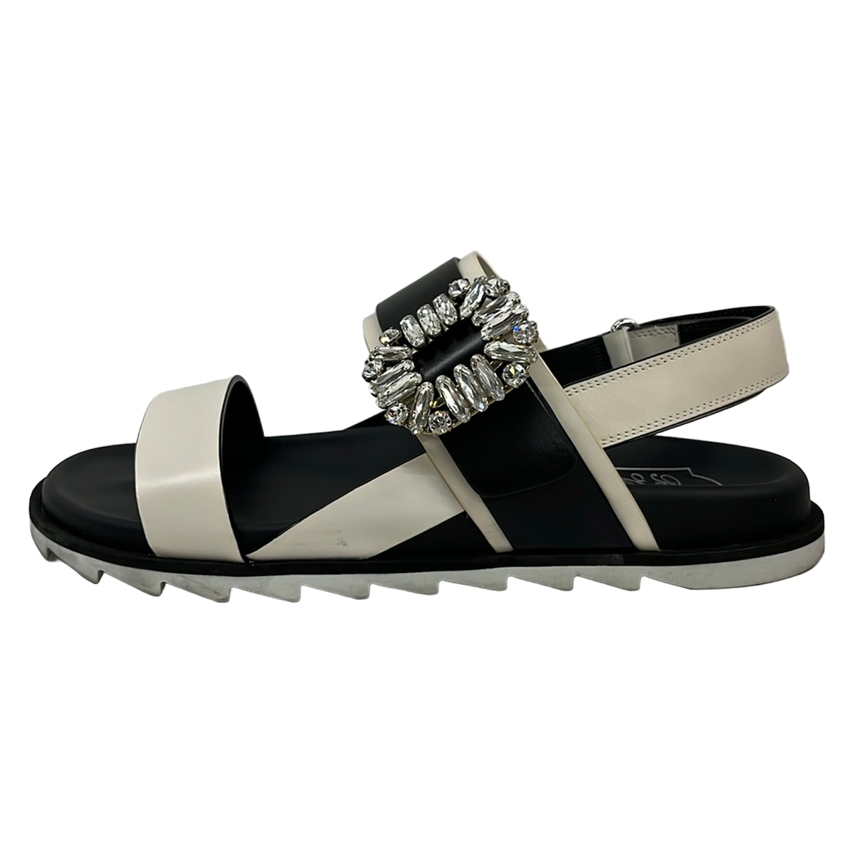 【中古】RogerVivier(ロジェヴィヴィエ) スライディ ヴィヴ 同盟罷工ラス バックル サンダル サンダル ビジュー 黒×象牙色 なめし革