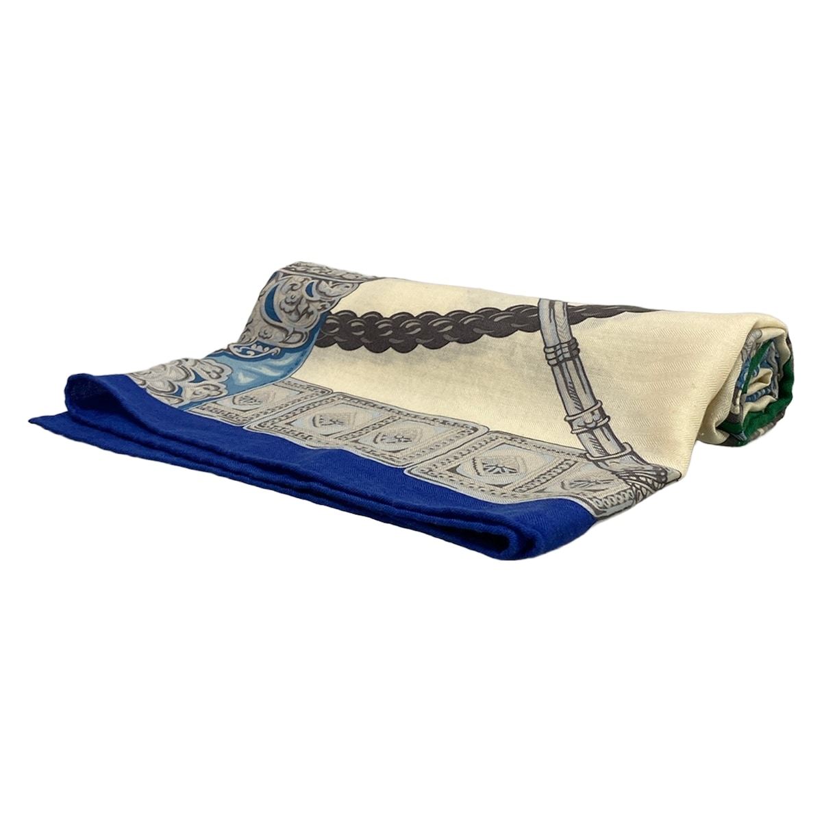 【中古】HERMES(エルメス) カレジェアン/膝掛け カレ140 袈裟(膝掛け) Ceintures et Liens 象牙色×青碧×マルチ カシミール、絹地