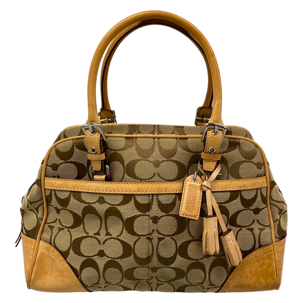 【新着】【中古】COACH(コーチ職) ハンプトンズシグネチャーサッチェル ハンドバック カーキ×ベージュ なめし革