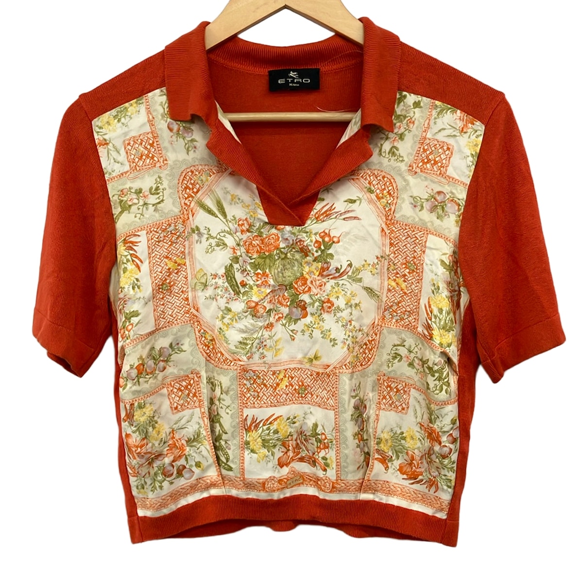 【新着】【中古】ETRO(エトロ) 半袖プルオーバー 地絹/花柄/異原料品うつり変わり オレンジ色×象牙色×マルチ