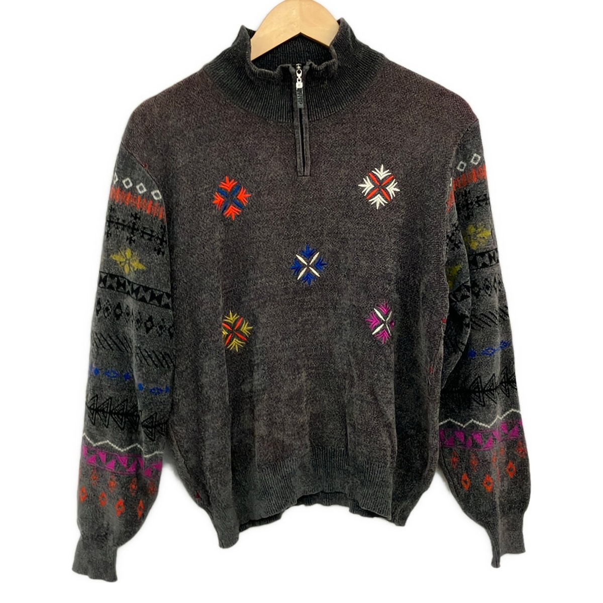 【新着】【中古】KENZO(ケンゾー) 長袖プルオーバー ハイネック/ハーフジップ/刺しゅう/GOLF 暗然たる薄墨色×白×マルチ