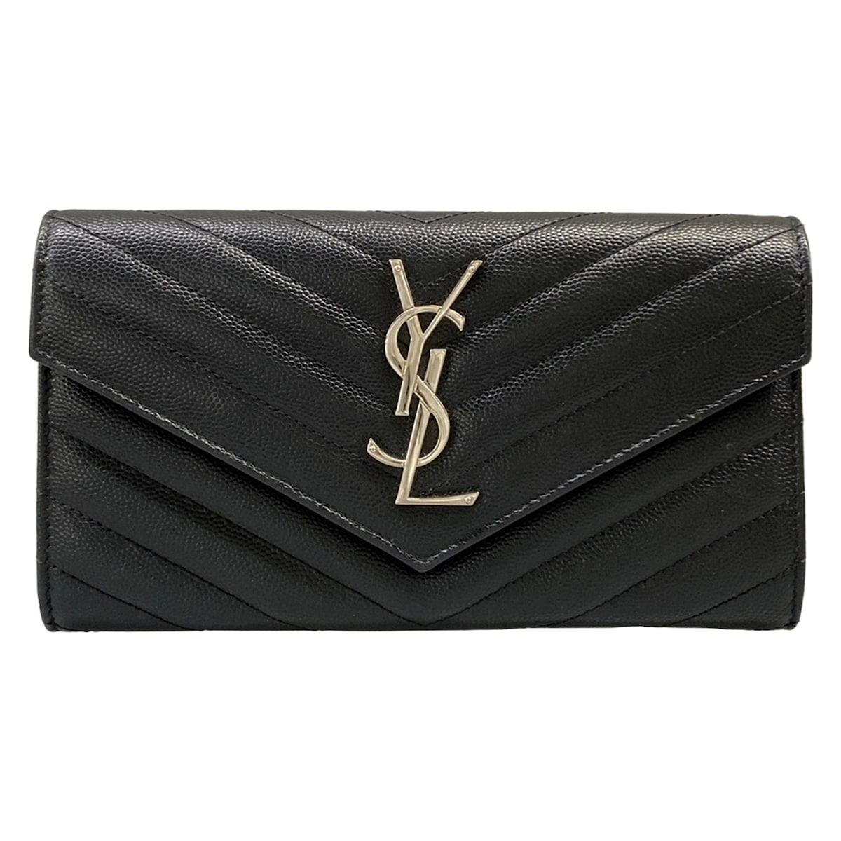 【中古】SAINT LAURENT PARIS(サンローランパリ) カサンドラ 長紙入れ 黒×しろがね色 なめし革