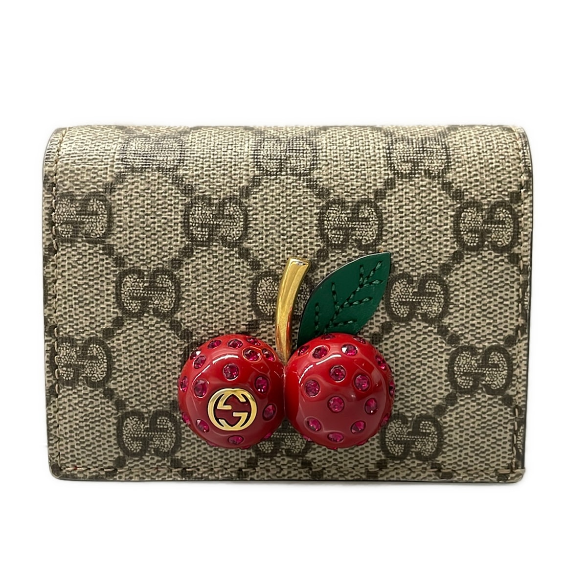 【中古】GUCCI(グッチ) GGスプリーム 2つ折り金入れ 伝達ルート石ころ/桜んぼう ベージュ×赤いこと×マルチ なめし革