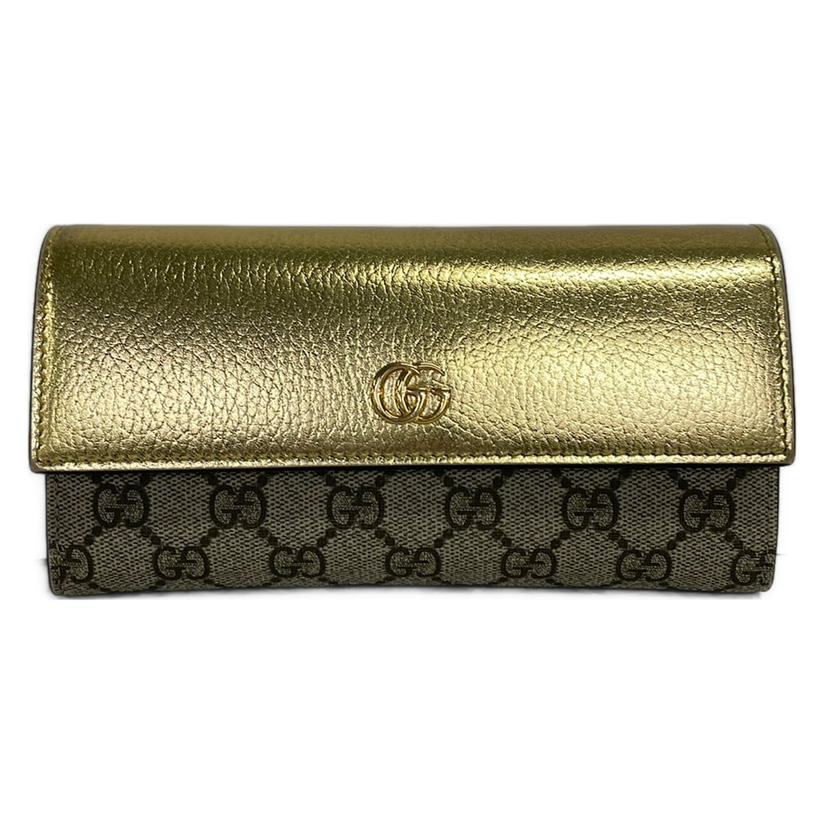 【中古】GUCCI(グッチ) GGマーモント 長札入れ LIMITED EDITION ゴールド×ベージュ×うす暗い赤銅色 なめし革