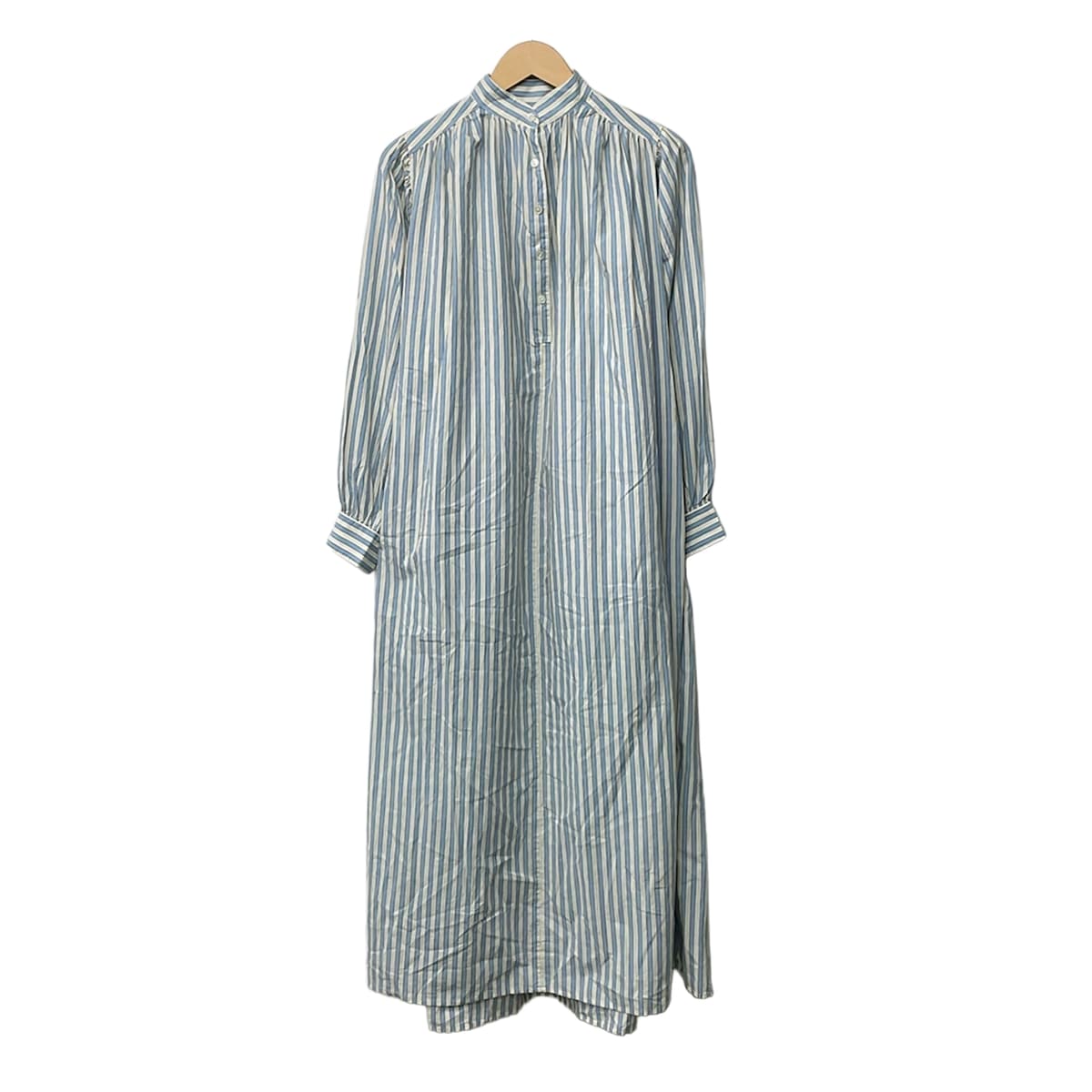【中古】Ron Herman(ロンハーマン) 衣装 長袖/マキシ丈/シャツワンピ/縞模様/TEN共同研究 白×ともし火青み×黄色