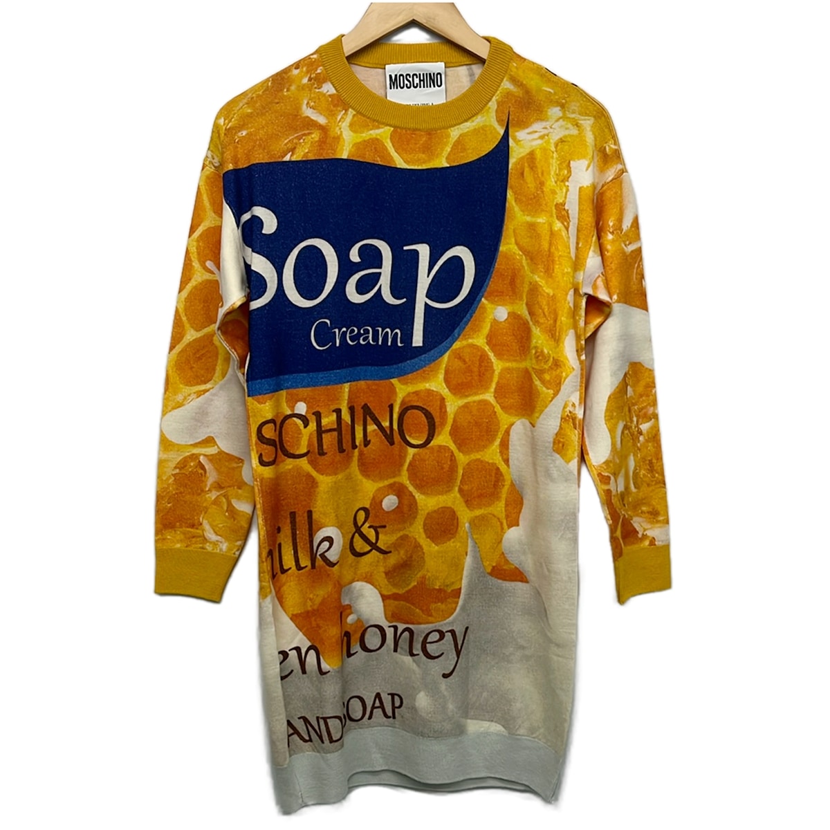 【中古】MOSCHINO(モスキーノ) 衣装 労働者の一団のど首/長袖/ミニ/編み物 黄色×オレンジ色×マルチ